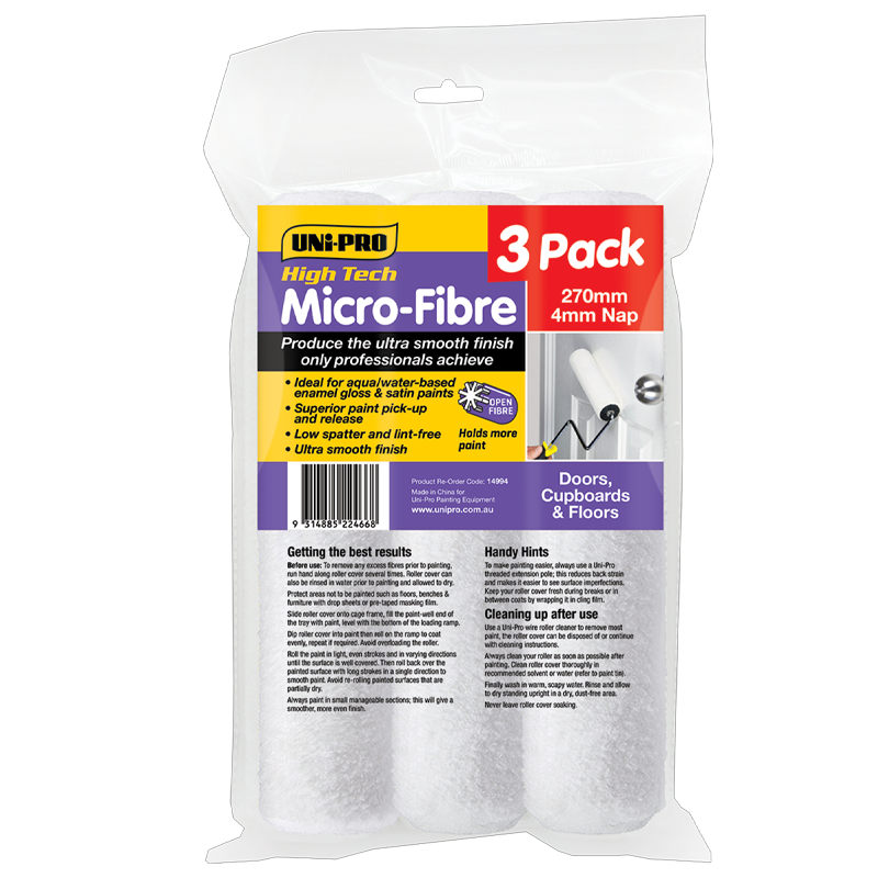 The UNI-PRO Microfibre Roller 4mm Nap - 3 Pack by Uni-Pro contains three 270mm rollers for a smooth finish on doors, cupboards, and floors. Ideal for gloss and satin paints.
