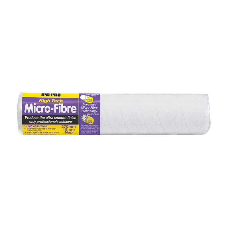 The Uni-Pro Microfibre Roller 15mm Nap, 270mm length, is ideal for achieving a smooth finish on textured surfaces.