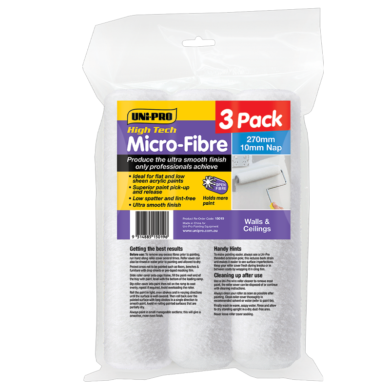 3-pack of Uni-Pro Microfibre Roller Sleeves, 10mm nap, 270mm size for walls and ceilings. Delivers a smooth finish with low splatter.