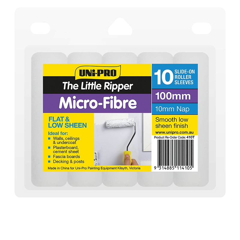 A pack of Uni-Pro UNI-PRO Nook & Cranny Microfibre 100mm Rollers, ideal for smooth wall finishes. Contains 10 microfibre rollers with 10mm nap.