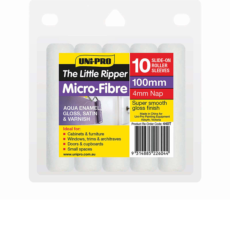 The Uni-Pro Nook & Cranny Microfibre 100mm Roller is ideal for gloss, satin, and varnish finishes on cabinets, furniture, windows, trims, and doors—perfect for achieving a smooth finish. 4mm nap.