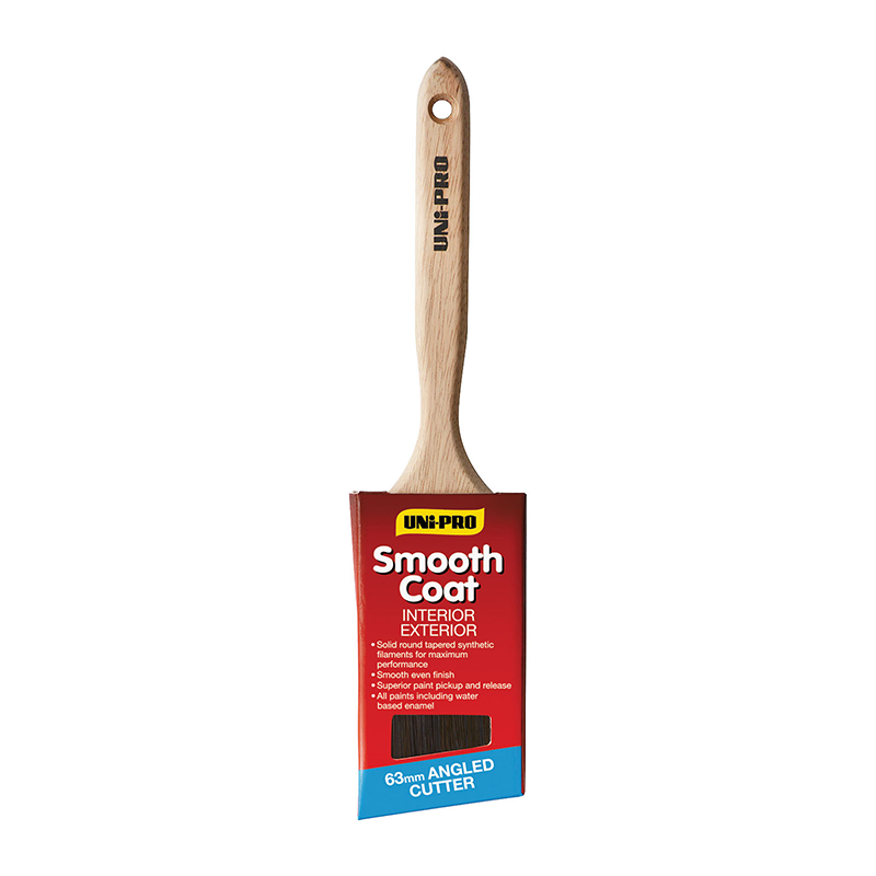 The Uni-Pro Smooth Coat Synthetic Angled Sash Cutter is a 63mm professional paint brush with a wooden handle, designed for interior and exterior use with water-based paints.