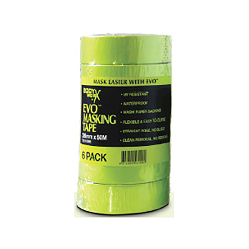BODYWORX EVO Masking Tape - 50m is UV resistant, waterproof, and high quality. Ideal for sharp paint lines with low tack adhesion and no residue. 36mm wide.