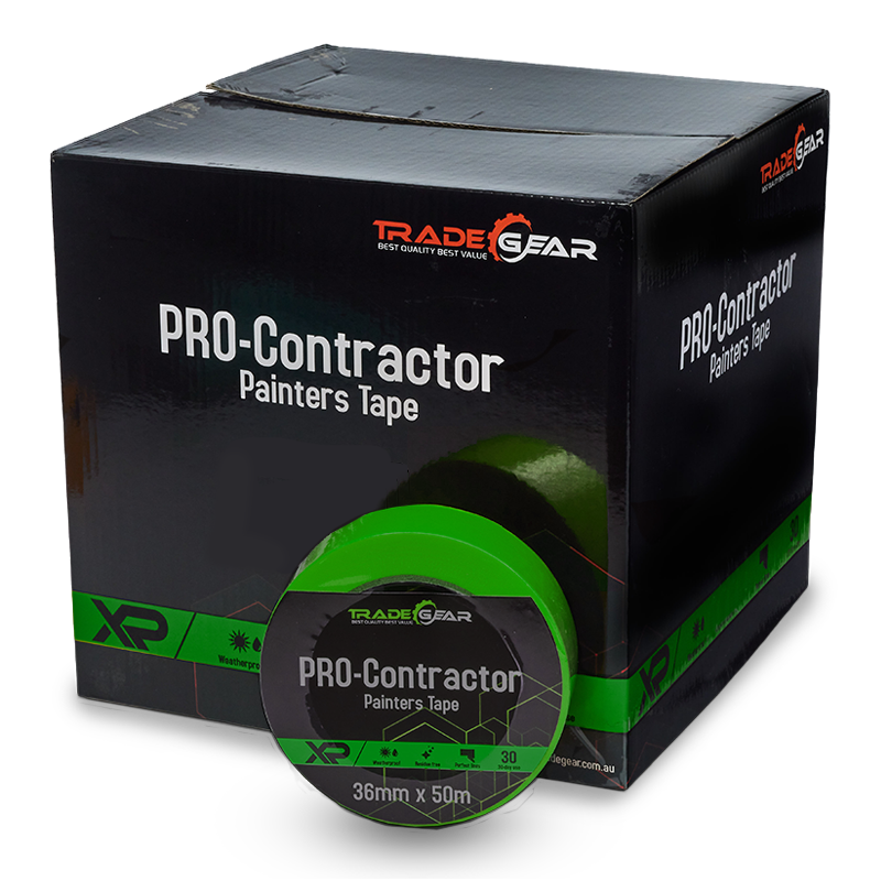 TradeGear XP PRO Contractor Painters Tape - 50m in 18mm, 24mm, 36mm or 48mm. Quality 30-day tape for everyday painting masking. Secure hold and no bleed.