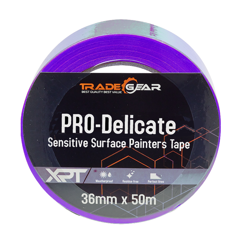 TradeGear XPT PRO Delicate Painters Tape, 36mm x 50m. Masking tape ideal for delicate surfaces such as freshly painted areas, this weatherproof tape leaves no residue and delivers clean paint lines every time.