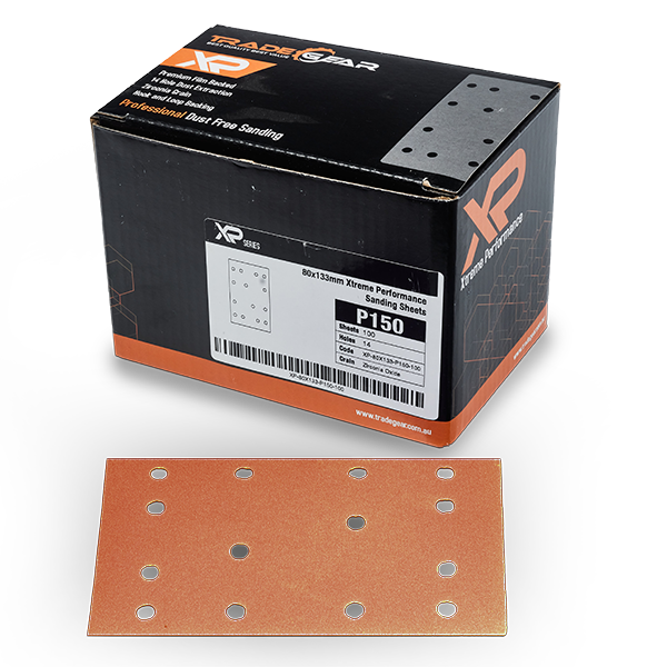 TradeGear XPT 80mm x 133mm 14-hole Abrasive Sheet - with holes for dust extraction, for sanding profiles, door frames, contours with rectangle. 10mm foam pad attaches to orbital sander to eliminate hand sanding