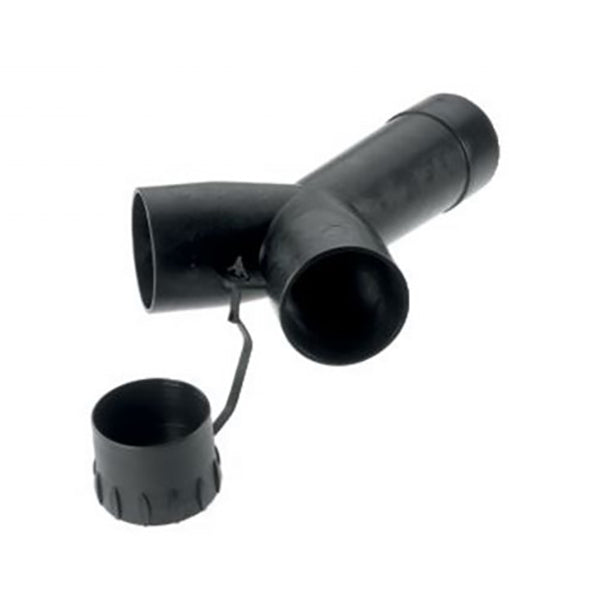 The Festool 50mm Anti Static Y-Piece for Dual Suction Hoses is a black plastic adapter for joining two dust hoses to one extractor.