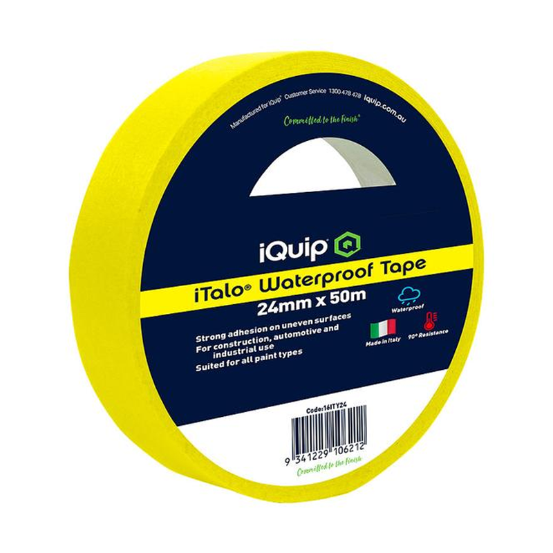 24mm x 50m roll of iQuip Italo Waterproof Masking Tape for strong adhesion, water resistance, and use in construction, automotive, and industrial applications.