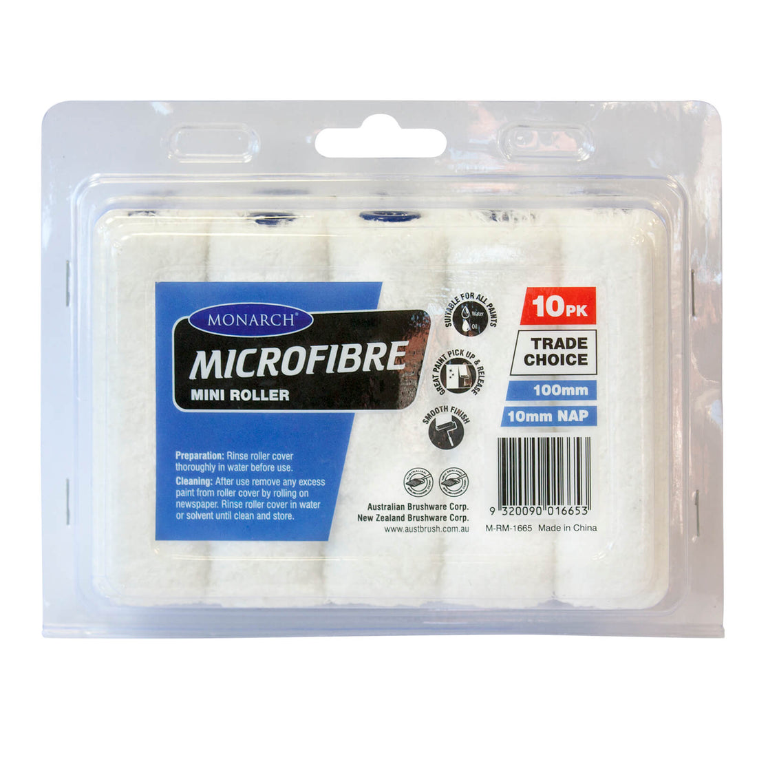 MONARCH 100mm Microfibre 10mm Nap Mini Rollers - 10 pack