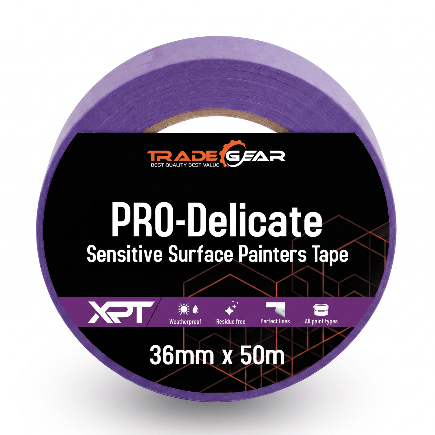 TradeGear XPT PRO Delicate Painters Tape, 36mm x 50m roll, purple washi tape for delicate surfaces