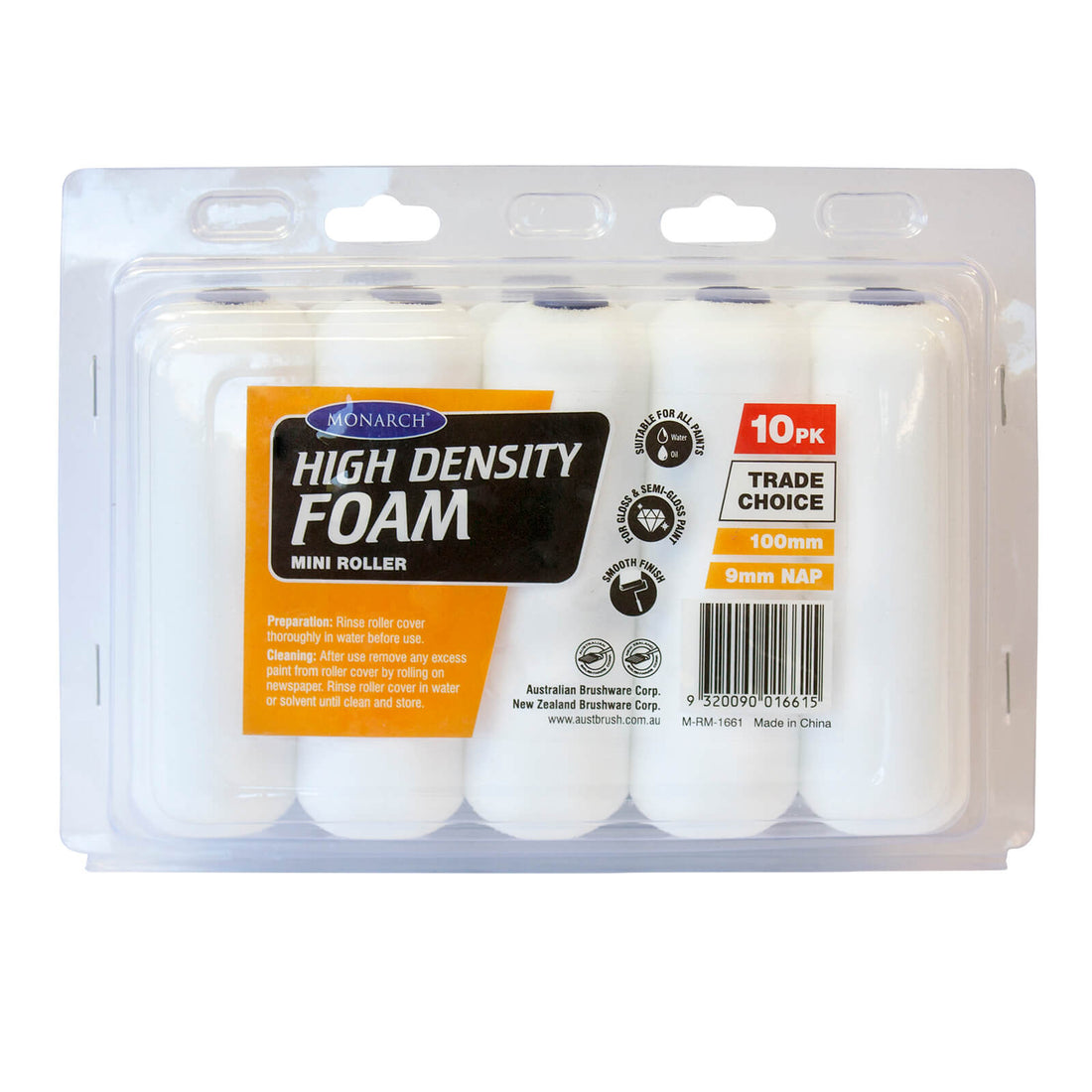 MONARCH 100mm Foam 9mm Nap Mini Roller - 10 pack - TradeGear